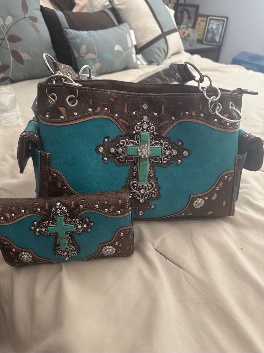 Turquoise Western Cross Accent Satchel and Wallet Set